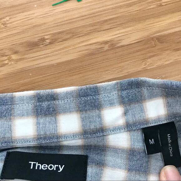 Theory Mens Medium M Desert Check Irving Flanella Button Down Shirt Gray Cotton - Picture 8 of 8